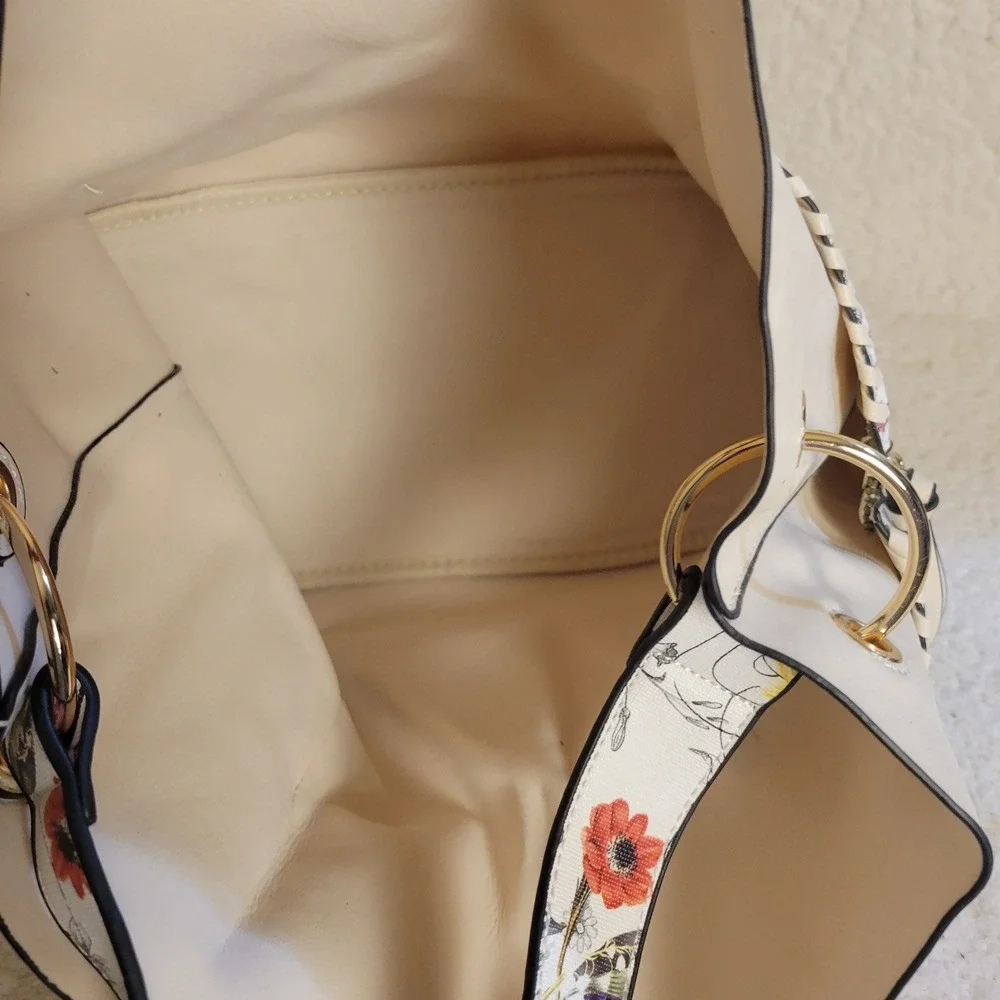 Cream Floral Hobo Bag and Crossbody Set Gold Hardware Botanical Print 2pc
